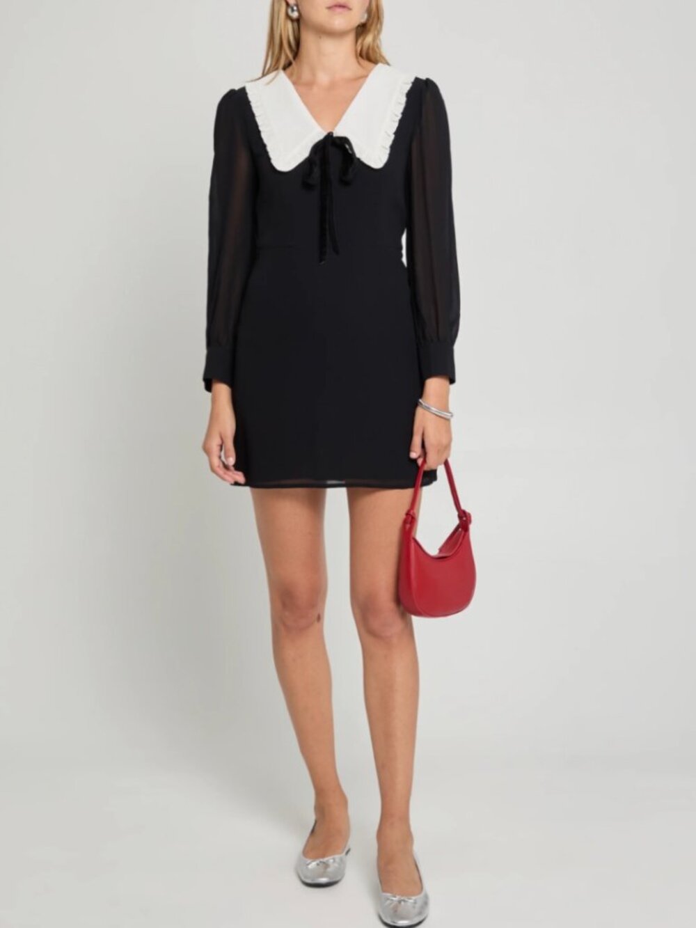 Black Mini Dress with Contrast White Ruffled Collar by Kourt